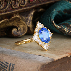 3CT Oval Cut 4 Prong Sapphire Engagement Ring | Halo Princess Design | Women’s Wedding Anniversary Gift Ring