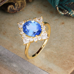 3CT Oval Cut 4 Prong Sapphire Engagement Ring | Halo Princess Design | Women’s Wedding Anniversary Gift Ring