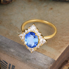 3CT Oval Cut 4 Prong Sapphire Engagement Ring | Halo Princess Design | Women’s Wedding Anniversary Gift Ring