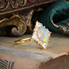 3CT Oval Cut Opal Halo Engagement Ring for Women