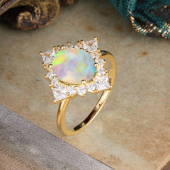 3CT Oval Cut Opal Halo Engagement Ring for Women