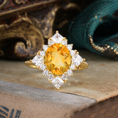 3CT Oval Cut Citrine Halo Engagement Ring for Women