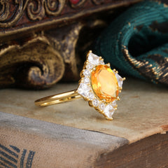 3CT Oval Cut Citrine Halo Engagement Ring for Women