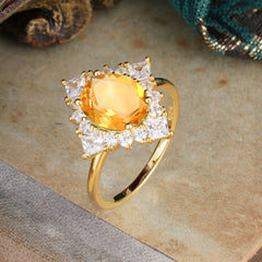 3CT Oval Cut Citrine Halo Engagement Ring for Women