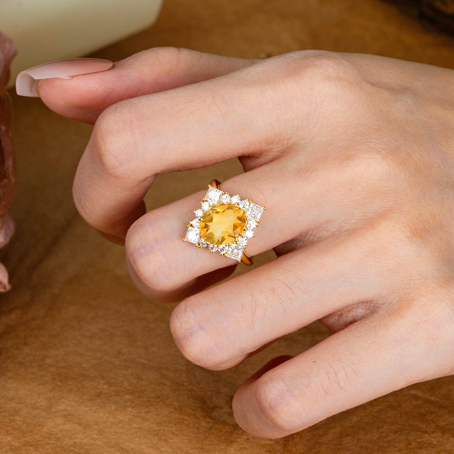 3CT Oval Cut Citrine Halo Engagement Ring for Women
