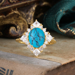 3CT Oval Cut Turquoise Halo Engagement Ring for Women
