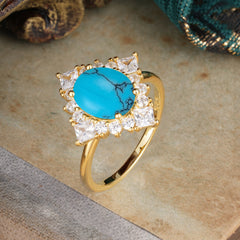 3CT Oval Cut Turquoise Halo Engagement Ring for Women