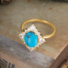 3CT Oval Cut Turquoise Halo Engagement Ring for Women