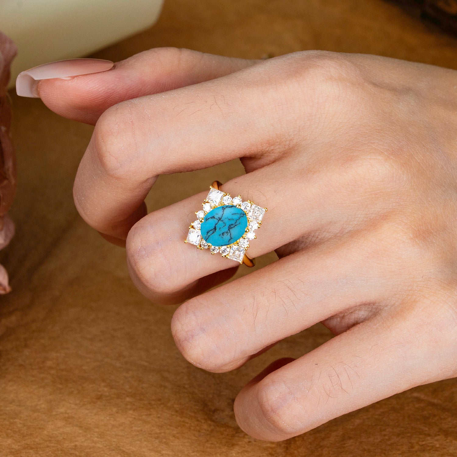3CT Oval Cut Turquoise Halo Engagement Ring for Women