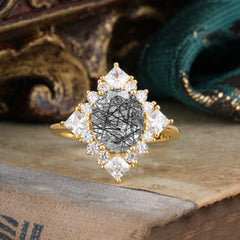 3CT Oval Cut Black Rutilated Quartz Halo Engagement Ring for Women