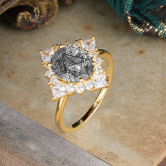 3CT Oval Cut Black Rutilated Quartz Halo Engagement Ring for Women