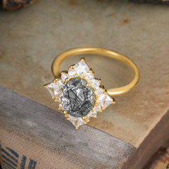 3CT Oval Cut Black Rutilated Quartz Halo Engagement Ring for Women