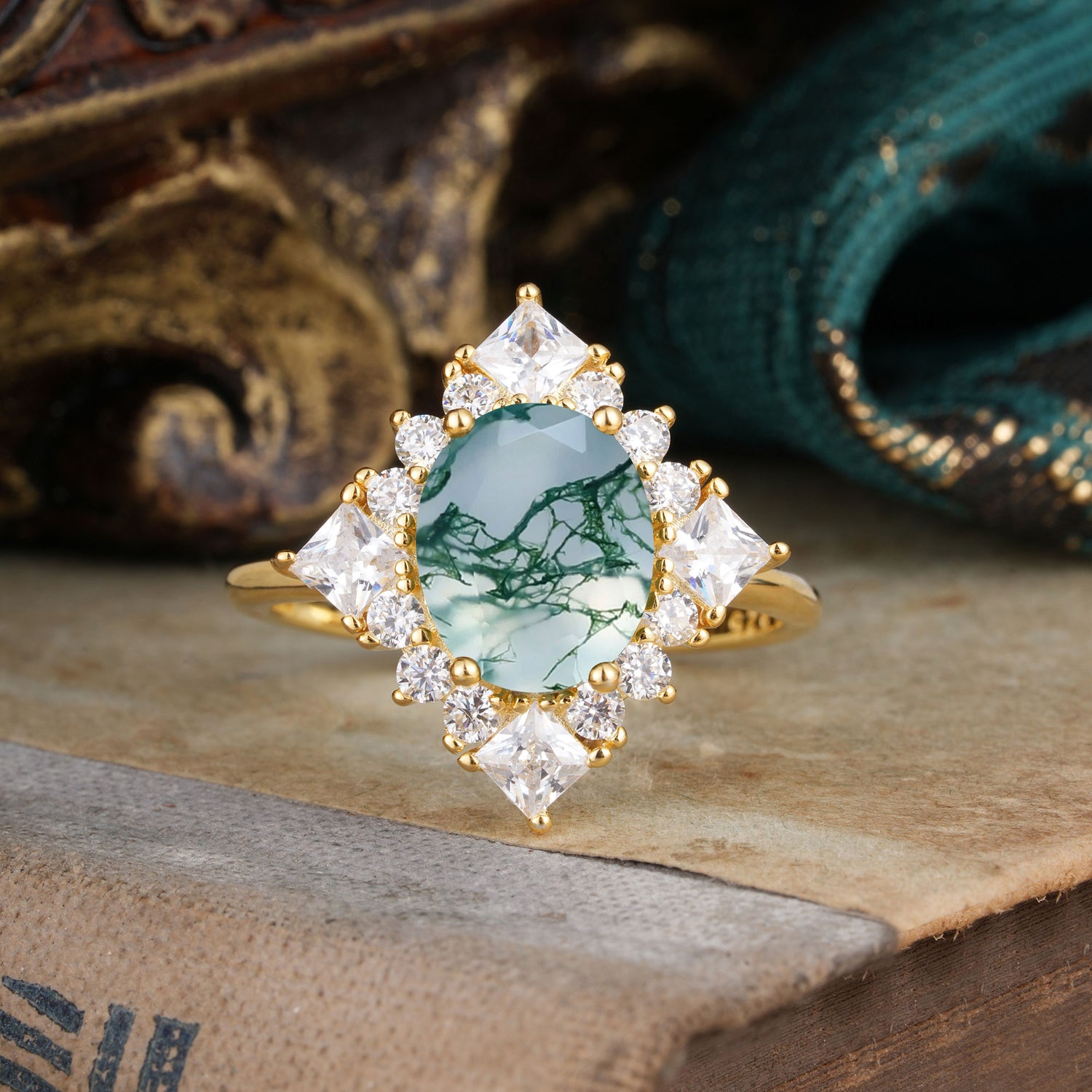 3CT Oval Cut Moss Agate Halo Engagement Ring for Women