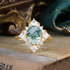 3CT Oval Cut Moss Agate Halo Engagement Ring for Women