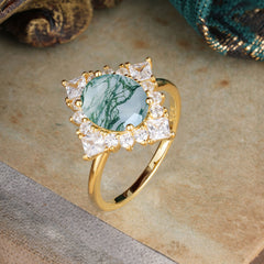3CT Oval Cut Moss Agate Halo Engagement Ring for Women