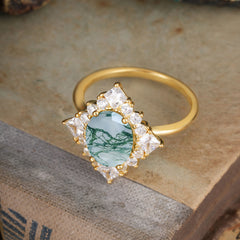 3CT Oval Cut Moss Agate Halo Engagement Ring for Women