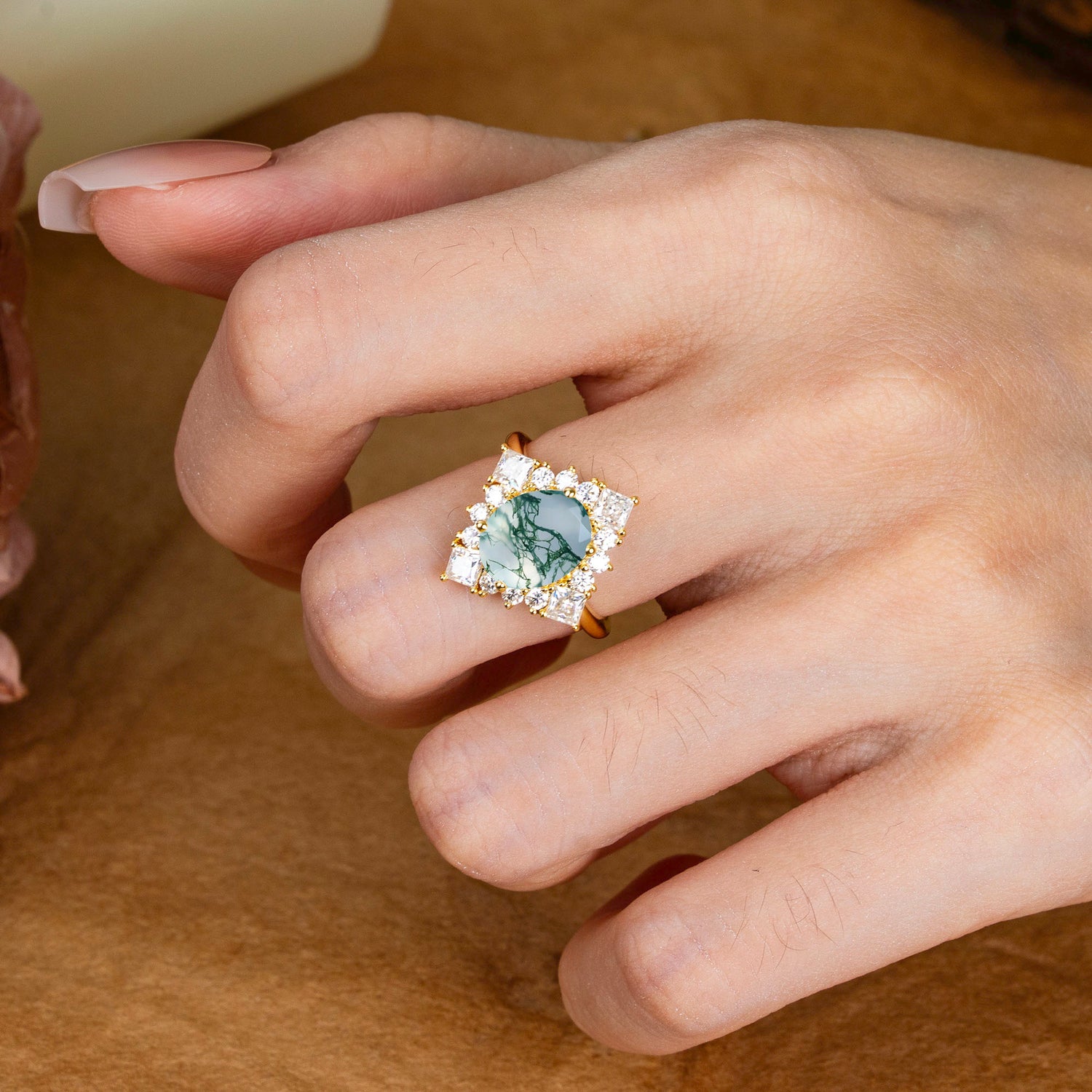 3CT Oval Cut Moss Agate Halo Engagement Ring for Women