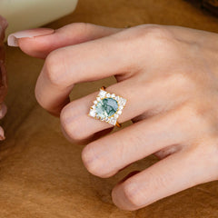 3CT Oval Cut Moss Agate Halo Engagement Ring for Women