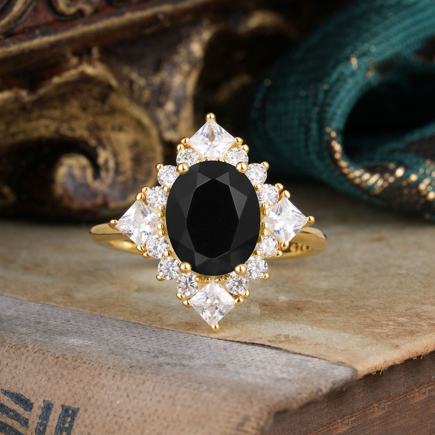 3CT Oval Cut Black Onyx Halo Engagement Ring for Women - Romalar Jewelry