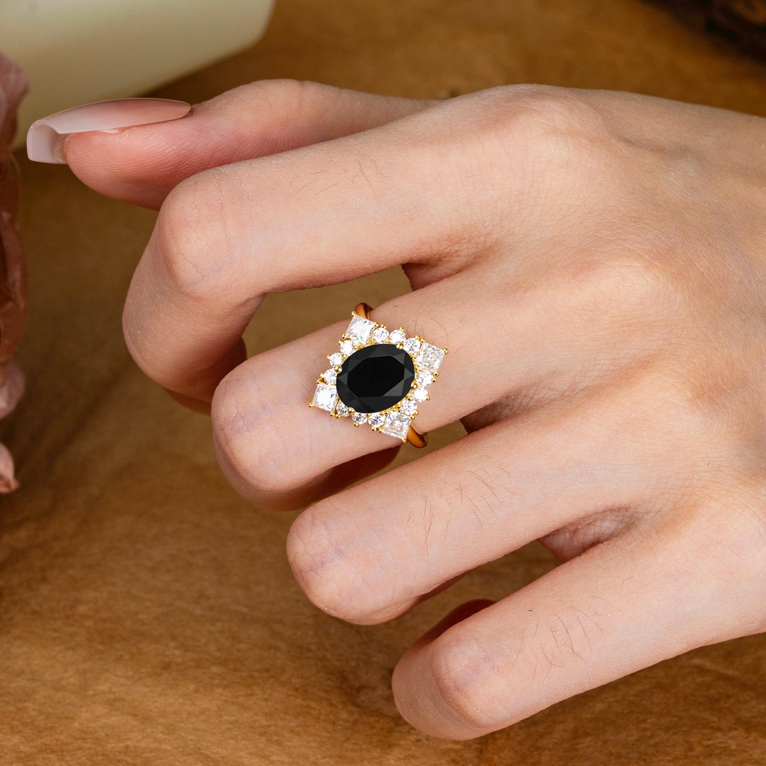 3CT Oval Cut Black Onyx Halo Engagement Ring for Women - Romalar Jewelry