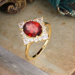 3CT Oval Cut Garnet Halo Engagement Ring for Women