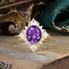 3CT Oval Cut Amethyst Halo Engagement Ring for Women
