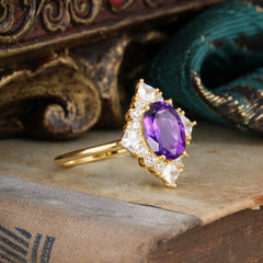 3CT Oval Cut Amethyst Halo Engagement Ring for Women