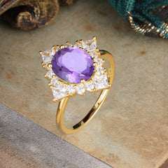 3CT Oval Cut Amethyst Halo Engagement Ring for Women