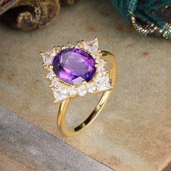 3CT Oval Cut Amethyst Halo Engagement Ring for Women