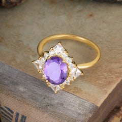3CT Oval Cut Amethyst Halo Engagement Ring for Women