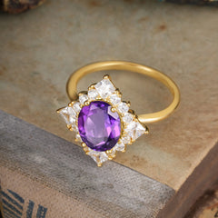 3CT Oval Cut Amethyst Halo Engagement Ring for Women