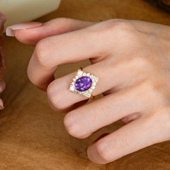 3CT Oval Cut Amethyst Halo Engagement Ring for Women