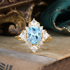 3CT Oval Cut Aquamarine Halo Engagement Ring for Women