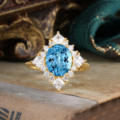 3CT Oval Cut Aquamarine Halo Engagement Ring for Women