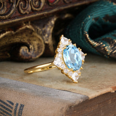 3CT Oval Cut Aquamarine Halo Engagement Ring for Women