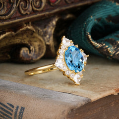 3CT Oval Cut Aquamarine Halo Engagement Ring for Women