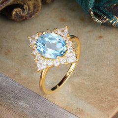3CT Oval Cut Aquamarine Halo Engagement Ring for Women