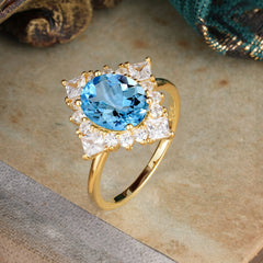 3CT Oval Cut Aquamarine Halo Engagement Ring for Women