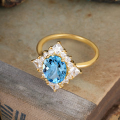 3CT Oval Cut Aquamarine Halo Engagement Ring for Women