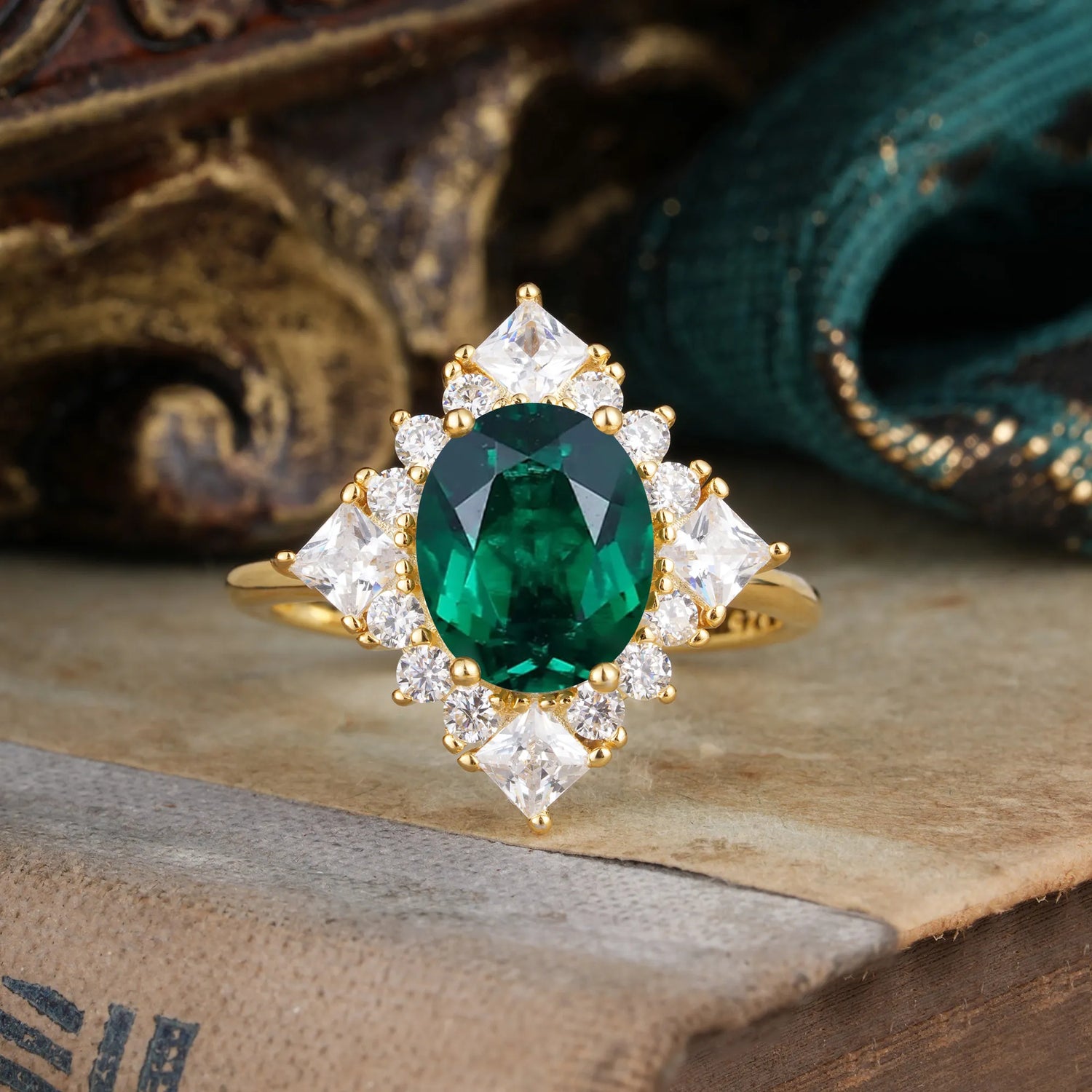 3CT Oval Cut Emerald Halo Engagement Ring for Women - Romalar Jewelry