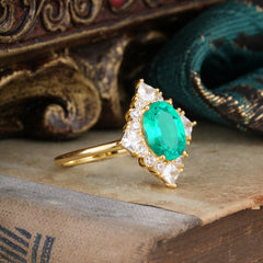 3CT Oval Cut Emerald Halo Engagement Ring for Women