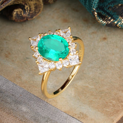 3CT Oval Cut Emerald Halo Engagement Ring for Women
