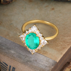3CT Oval Cut Emerald Halo Engagement Ring for Women