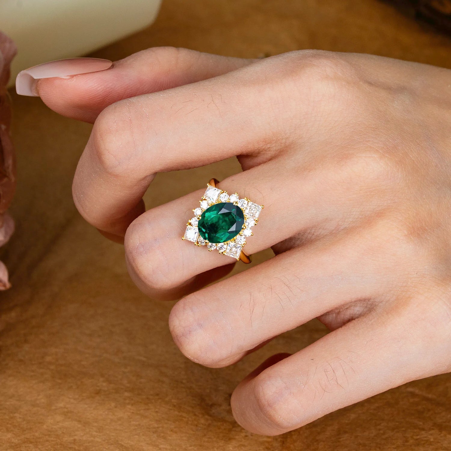 3CT Oval Cut Emerald Halo Engagement Ring for Women - Romalar Jewelry