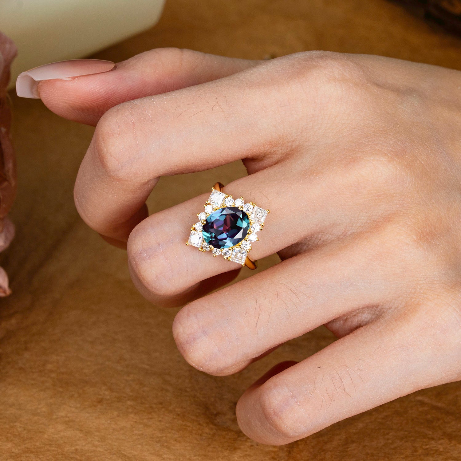 3CT Oval Cut Alexandrite Halo Engagement Ring for Women