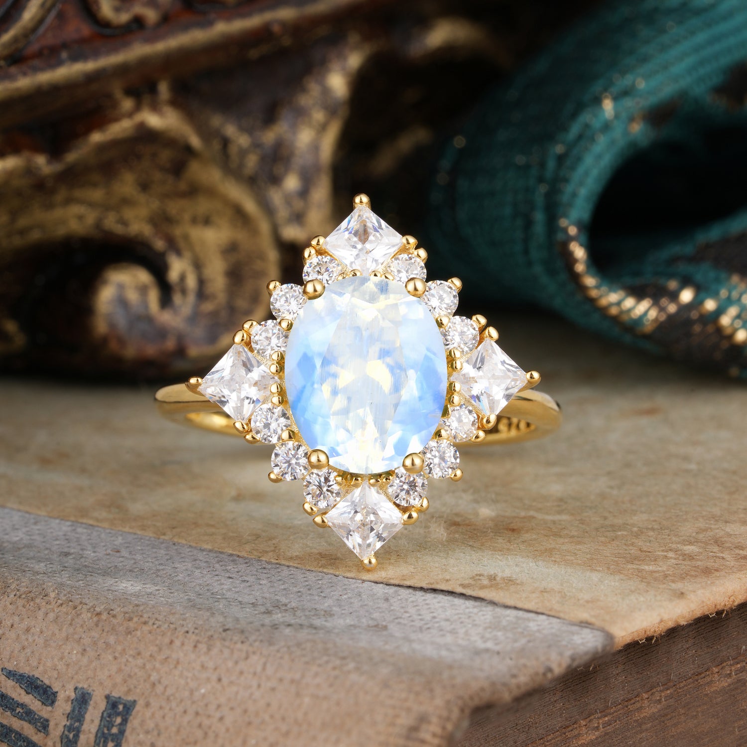 3CT Oval Cut Moonstone Halo Engagement Ring for Women - Romalar Jewelry