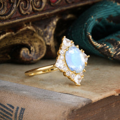 3CT Oval Cut Moonstone Halo Engagement Ring for Women