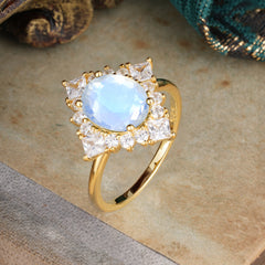 3CT Oval Cut Moonstone Halo Engagement Ring for Women