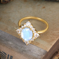 3CT Oval Cut Moonstone Halo Engagement Ring for Women