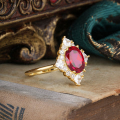 3CT Oval Cut Ruby Halo Engagement Ring for Women